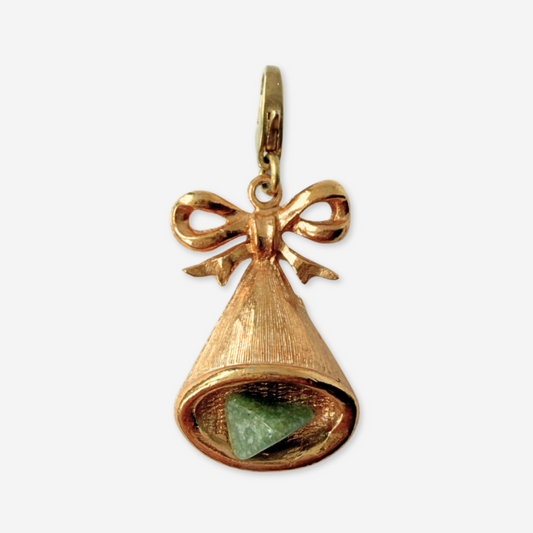 Vintage gold tone large bell charm with green stone