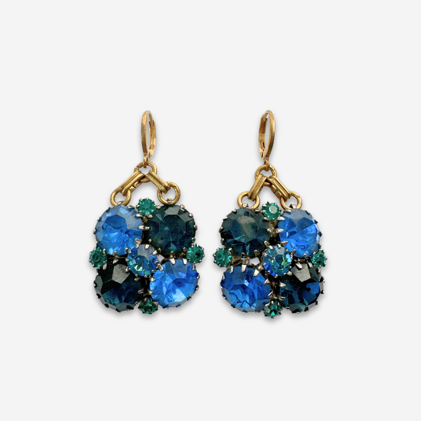 Large Refashioned vintage blue and green rhinestone earrings