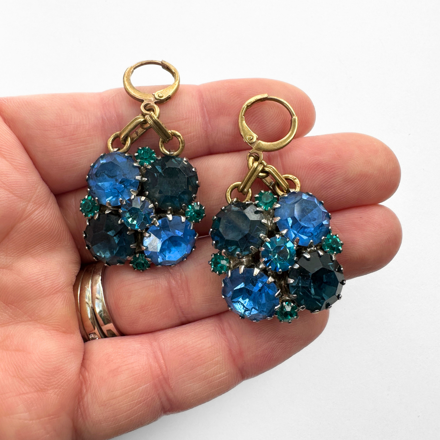 Large Refashioned vintage blue and green rhinestone earrings