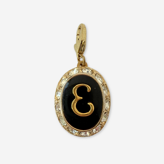 Refashioned Vintage black letter "E" charm in clear rhinestone round setting