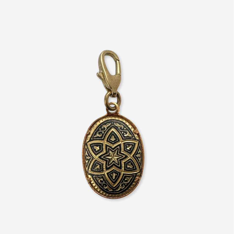 Vintage gold and black Damascene manadala oval charm