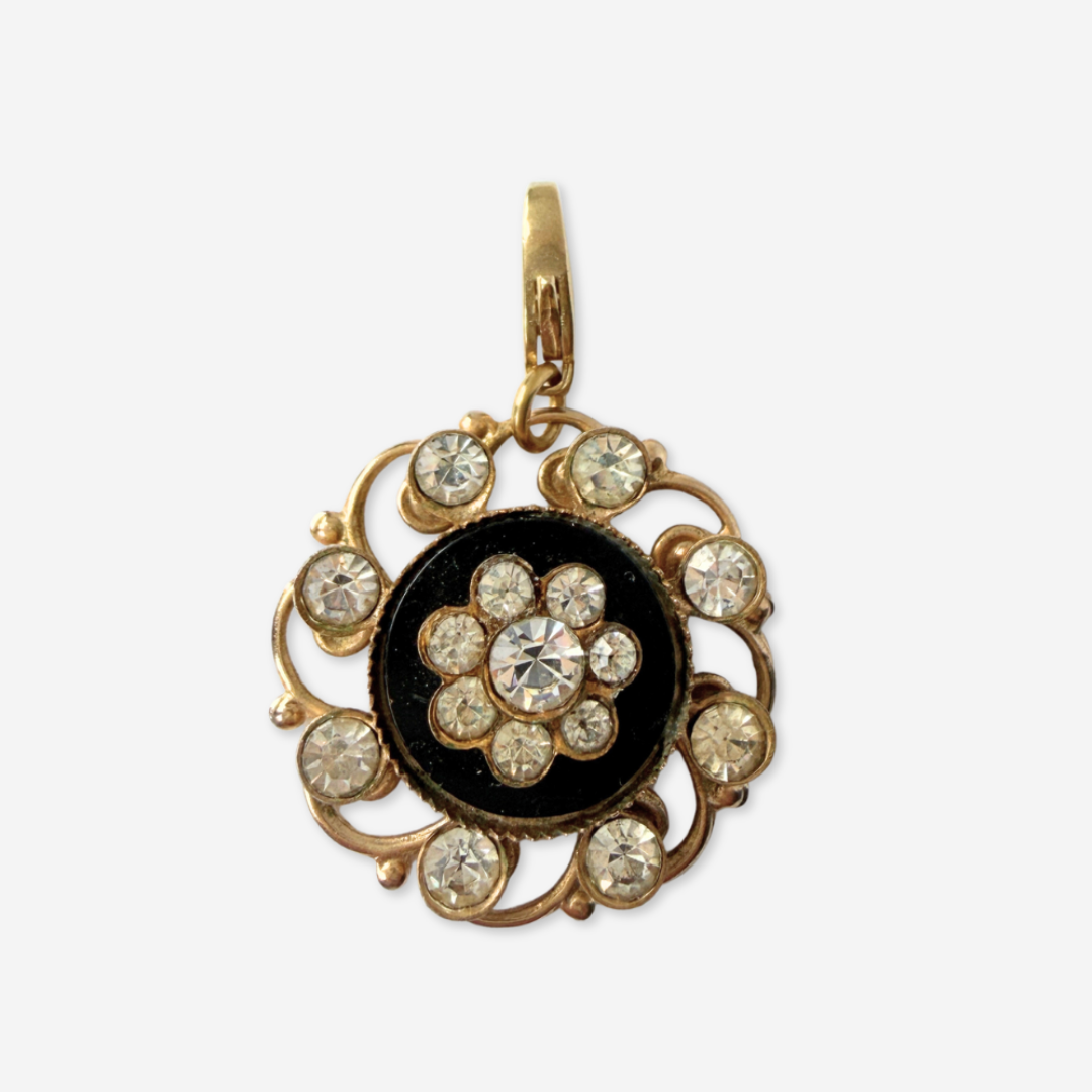 Refashioned vintage black, gold, and clear rhinestone circular charm