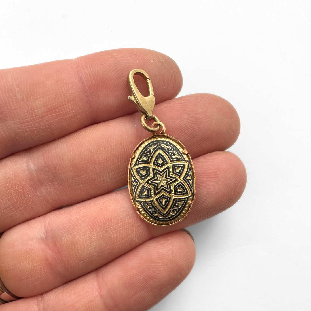 Vintage gold and black Damascene manadala oval charm