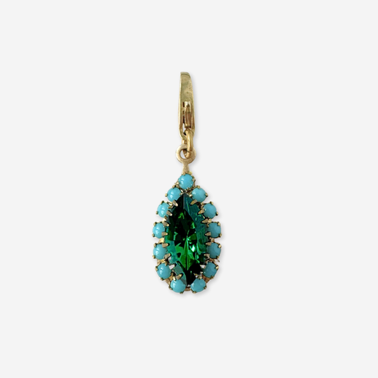 Vintage turquoise and emerald green small teardrop rhinestone charm