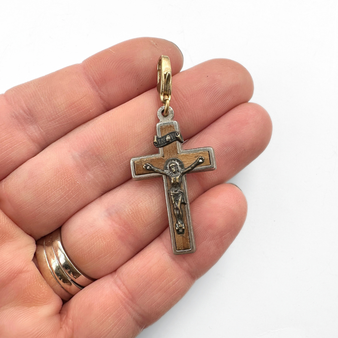 Vintage silver and wood crucifix cross charm pendant