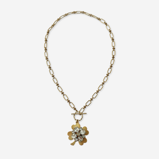 Large solid brass four leaf clover pendant with vintage clear rhinestone embellishment on brass toggle chain