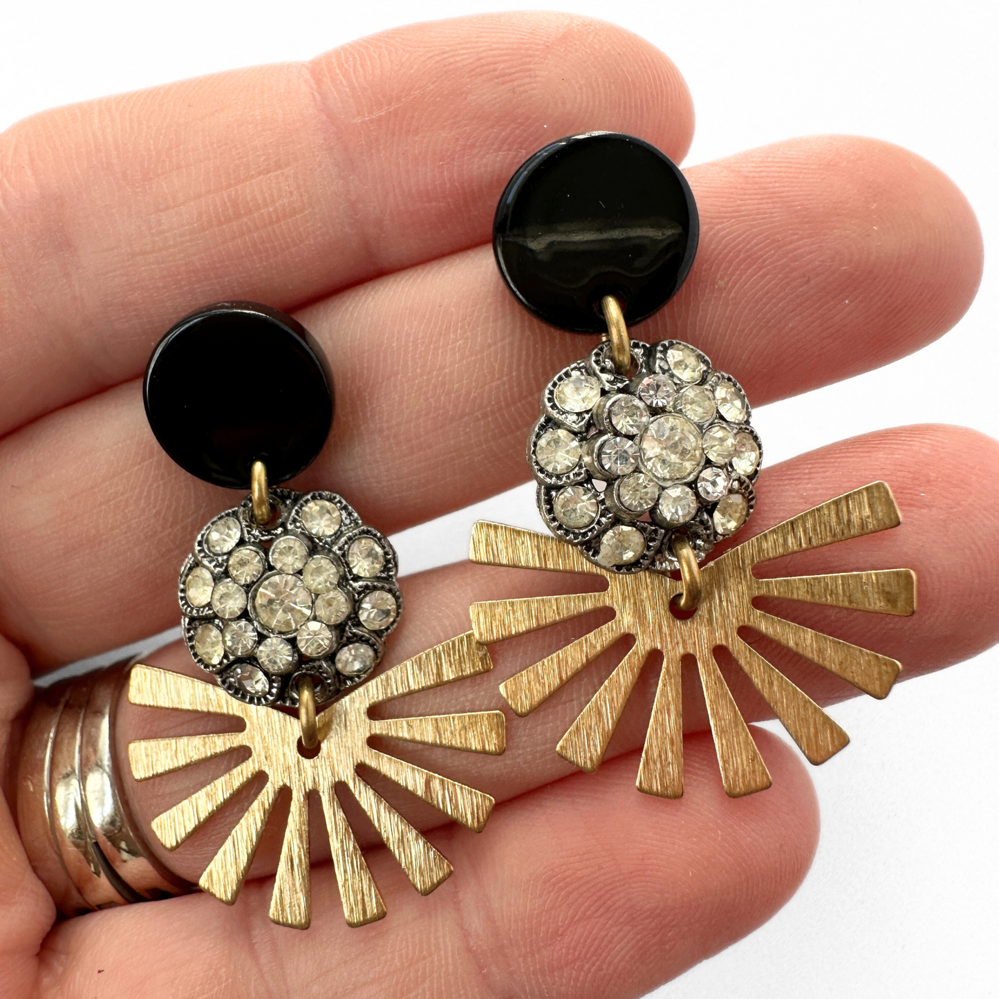 Refashioned vintage clear rhinestone earrings with brass sunburst fan and black post