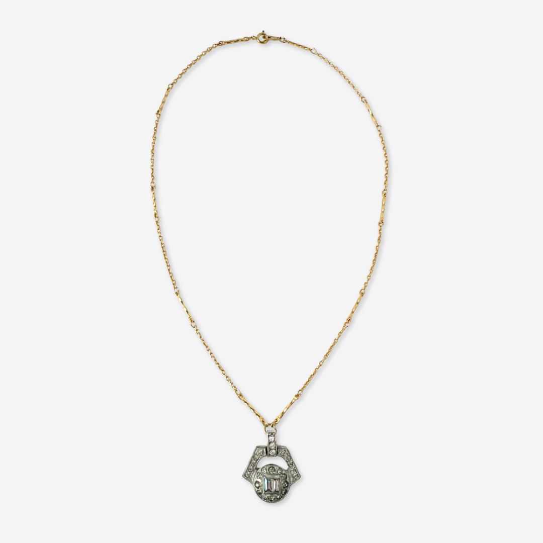 Small refashioned vintage rhinestone art deco pendant on thin gold chain