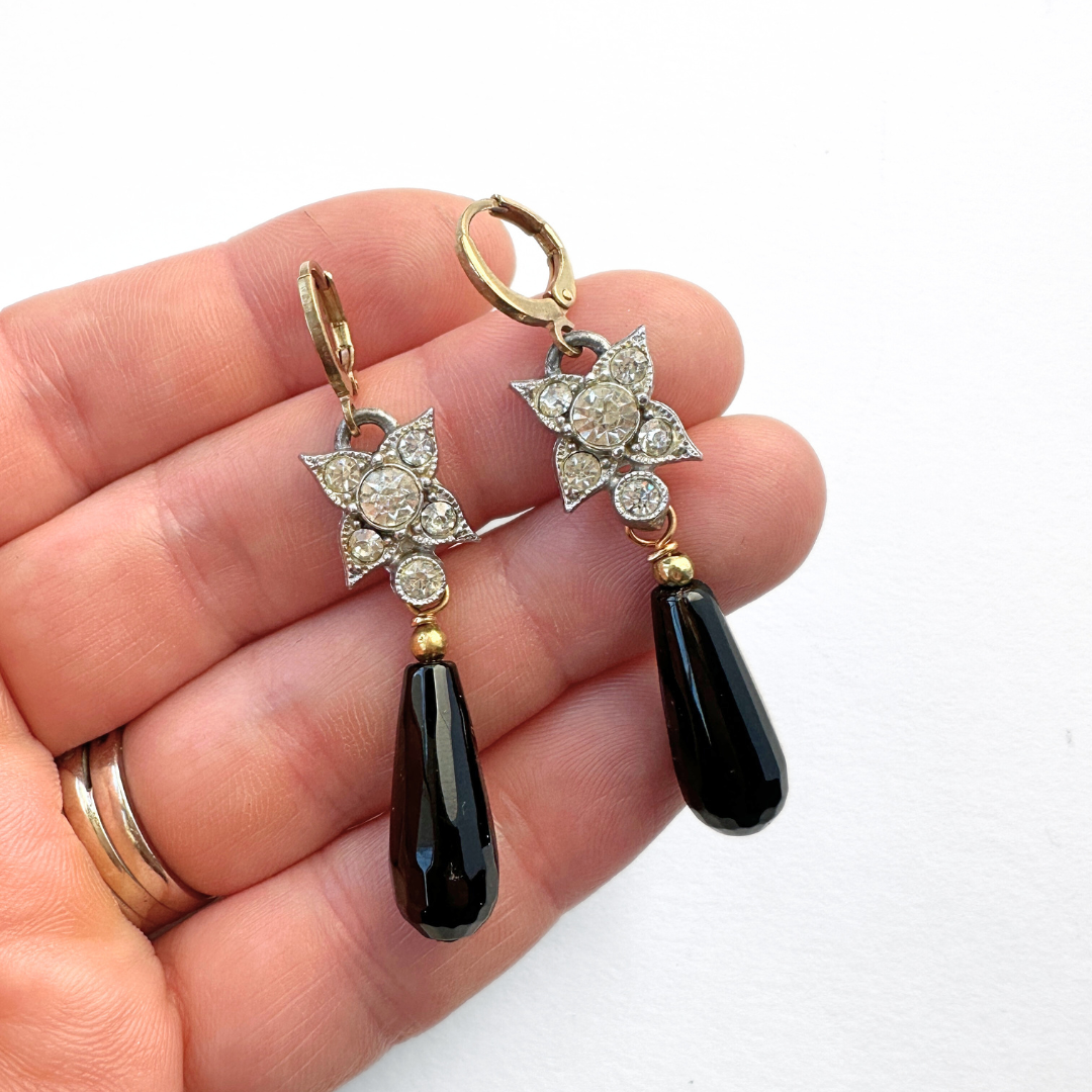 Refashioned vintage clear rhinestone and black onyx teardrop earrings
