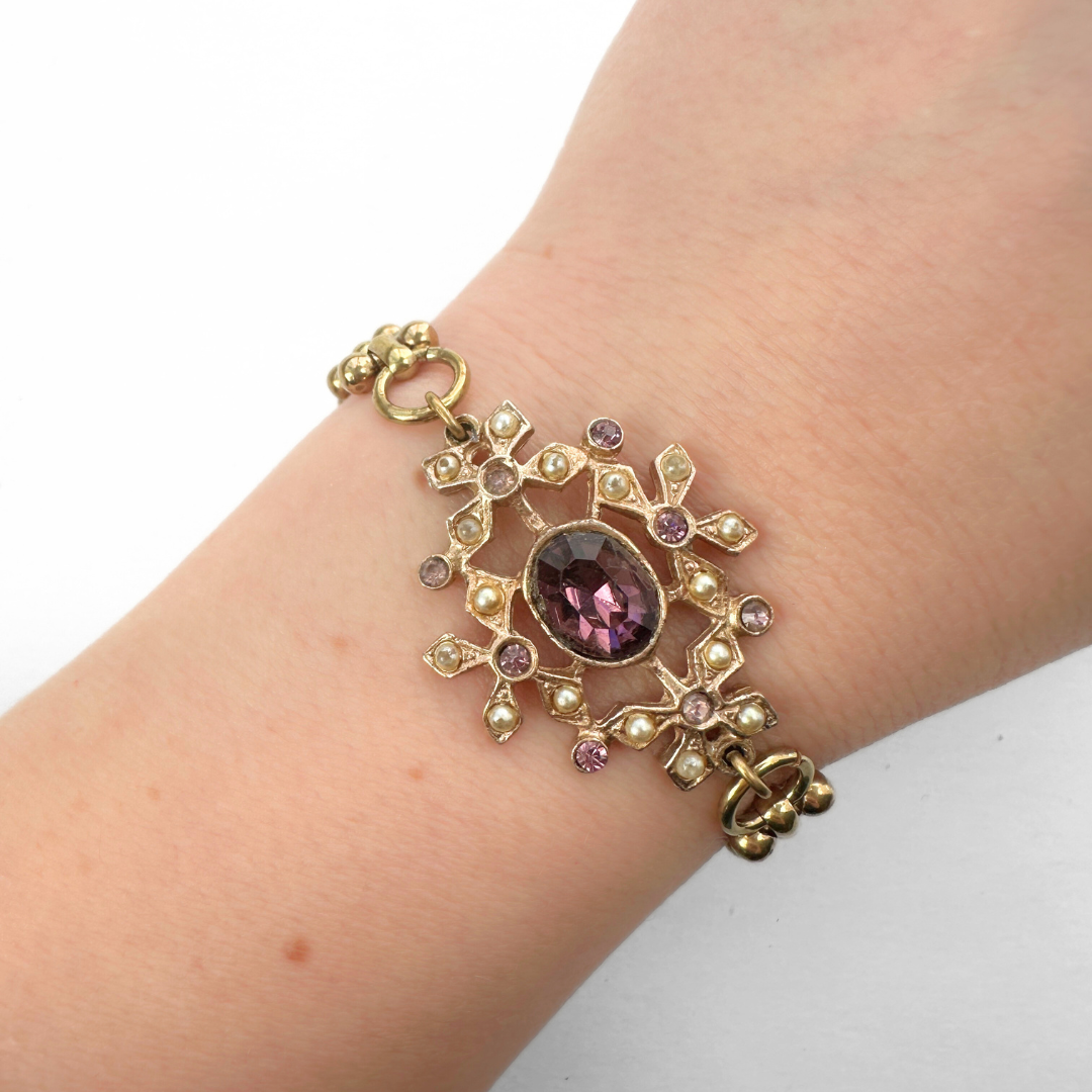 Repurposed vintage purple rhinestone and pearl bracelet