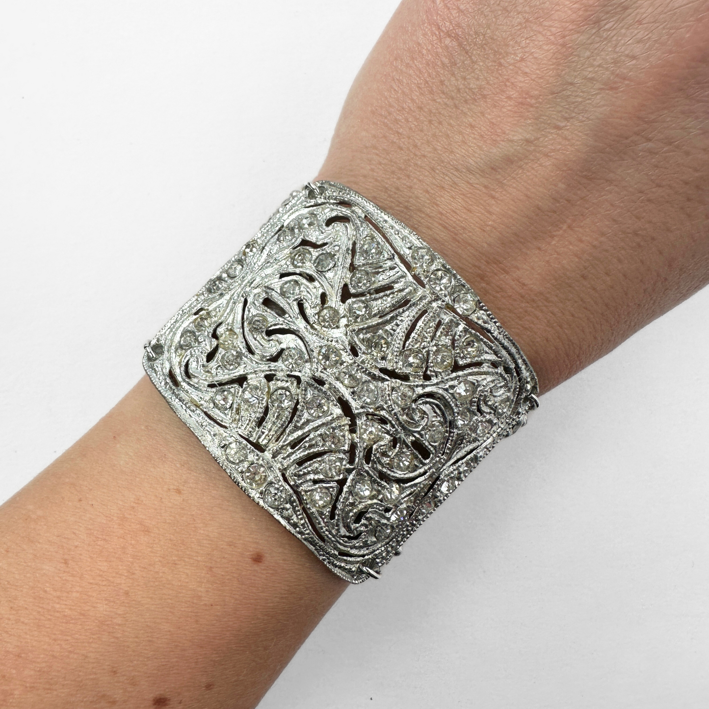 Refashioned Antique Rhinestone shoe Buckle bracelet with matte silver chain