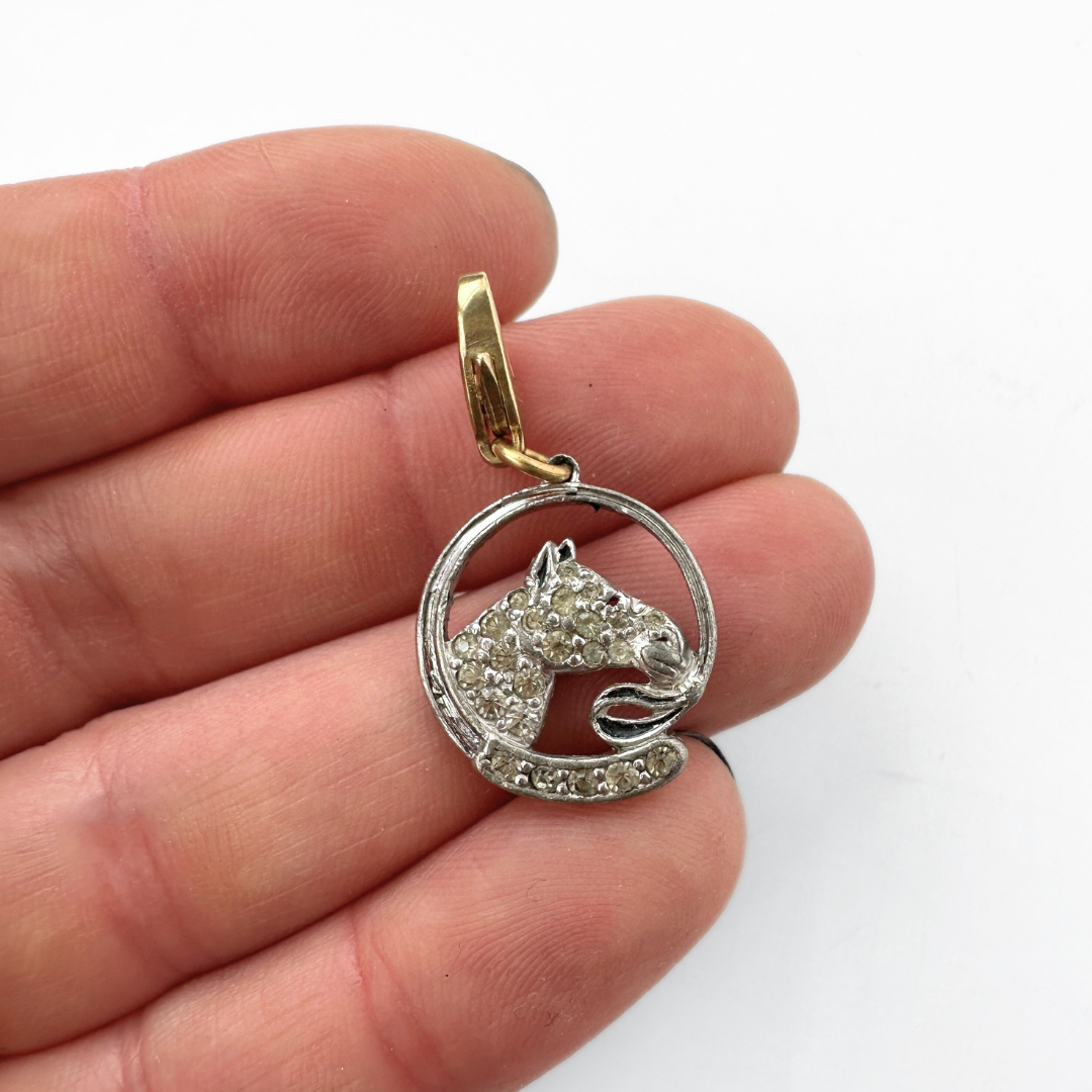 Vintage clear rhinestone circular horse head charm