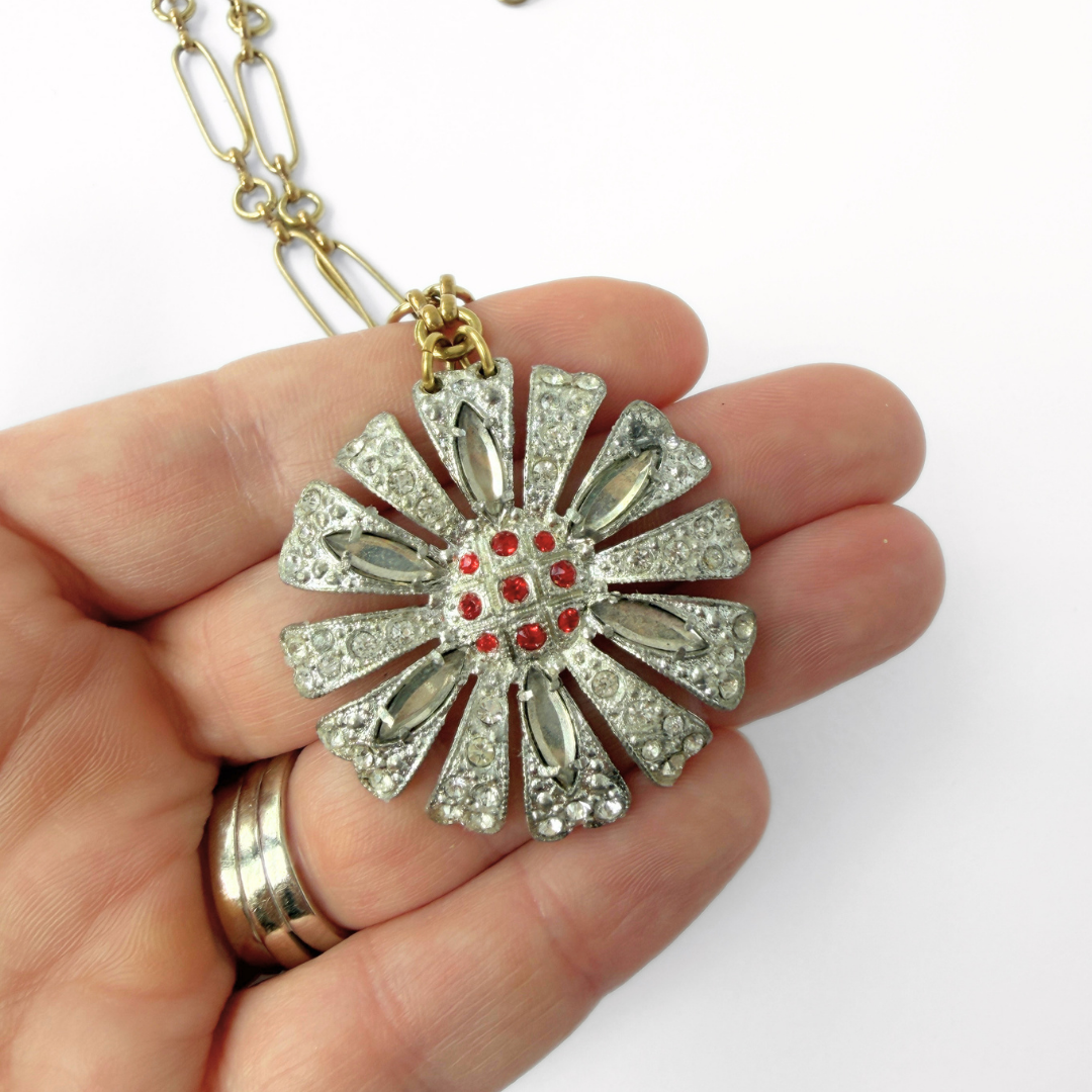 Vintage clear and red rhinestone flower pendant with brass chain