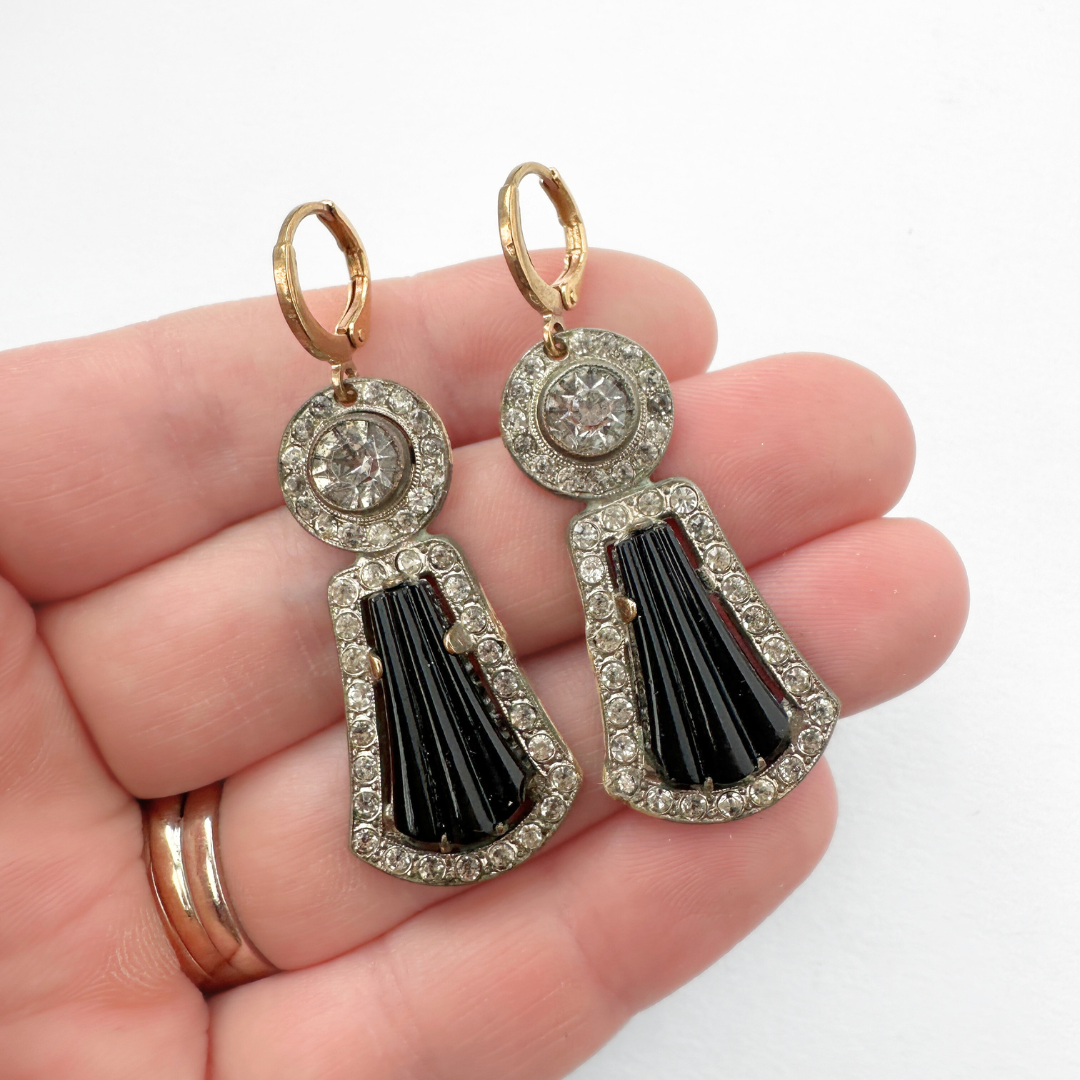 Refashioned art deco vintage black glass and clear rhinestone earrings