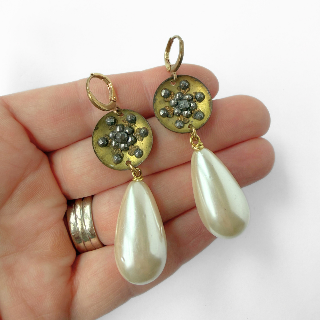 Refashioned antique steel cut button and pearl teardrop earrings