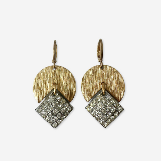 Refashioned vintage clear rhinestone square earrings with brass wedge
