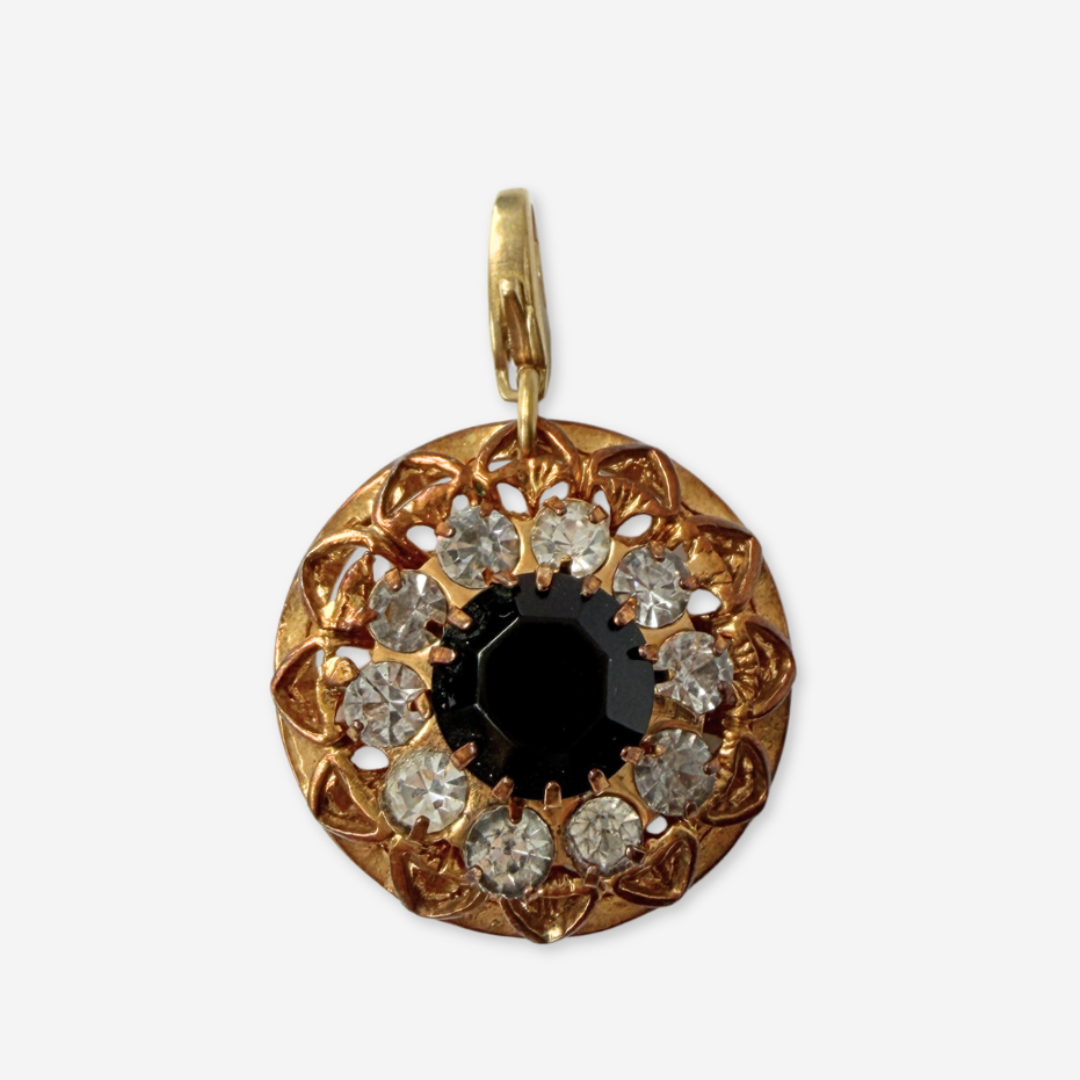 Refashioned vintage black, gold, and clear rhinestone circular charm