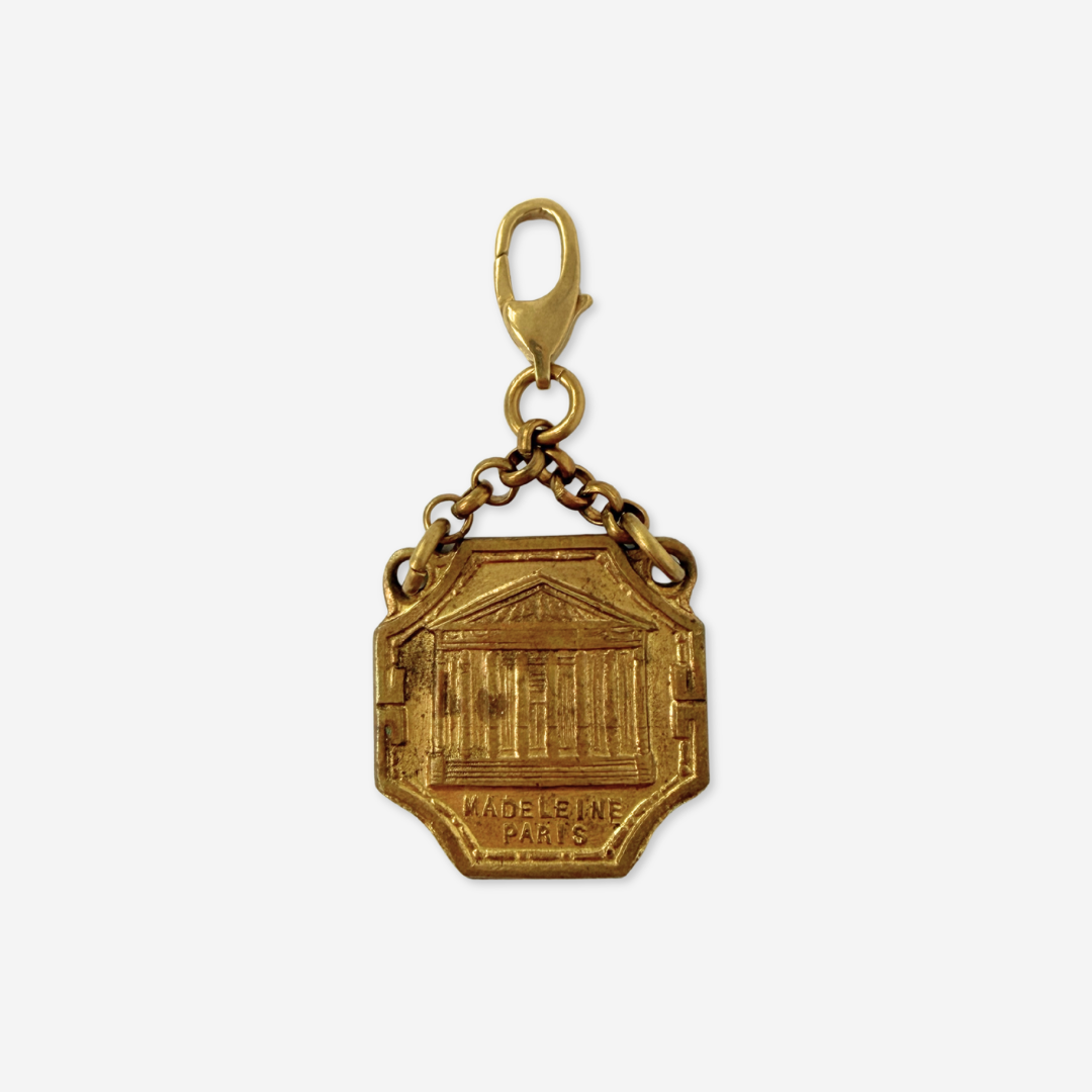 Vintage aged brass Parisian landmark medal charm: Madeleine Church