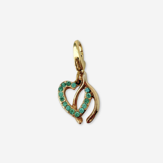 Dainty vintage gold wishbone charm with aqua rhinestone heart