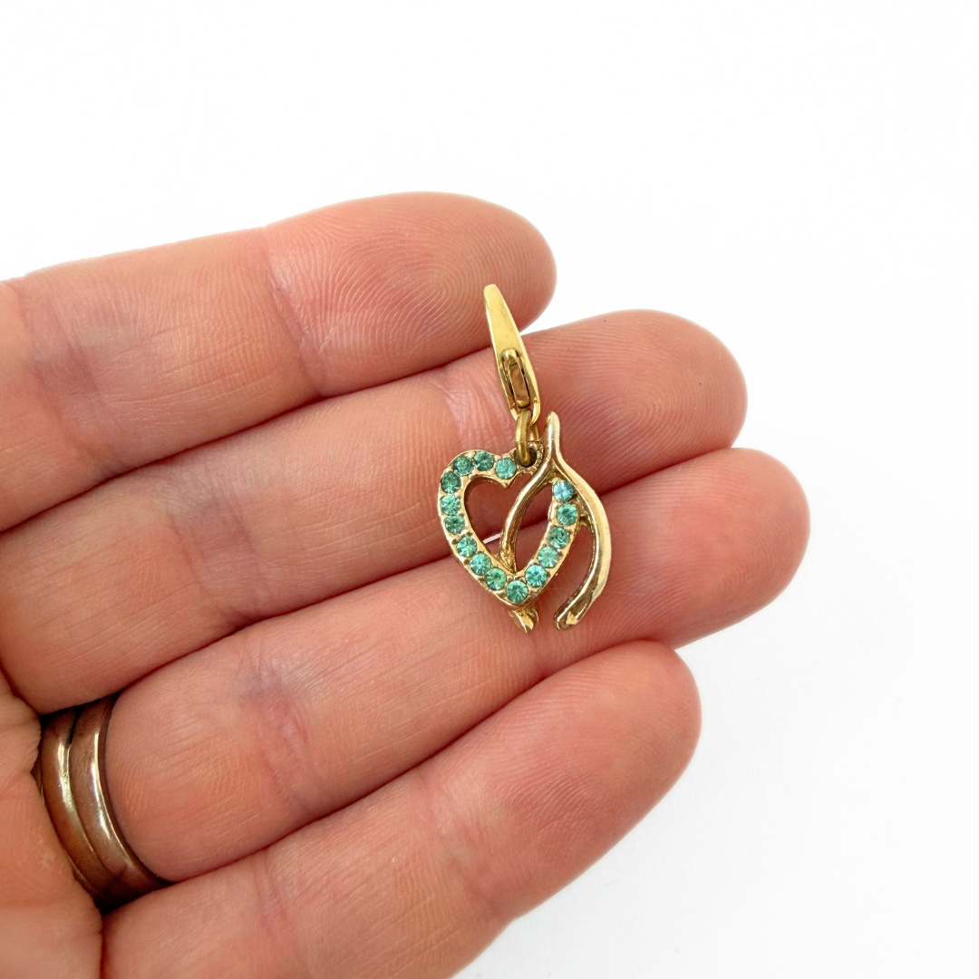 Dainty vintage gold wishbone charm with aqua rhinestone heart