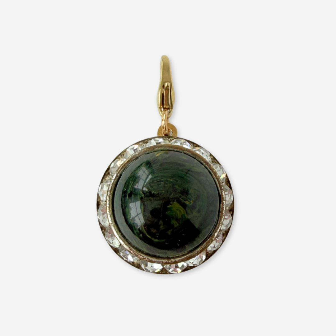Vintage deep green bakelite and rhinestone circular charm