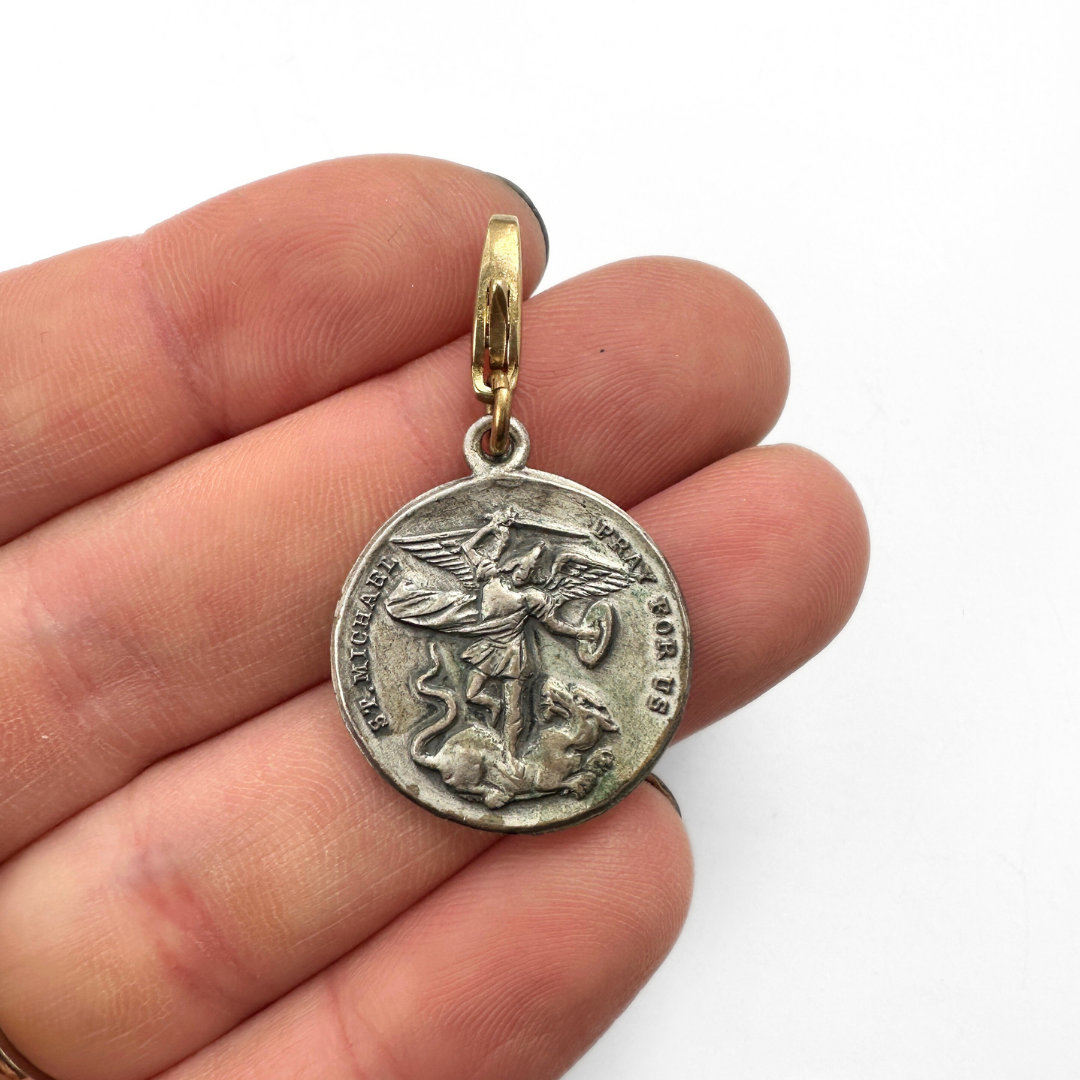 Vintage aged silver Saint Michael guardian angel charm