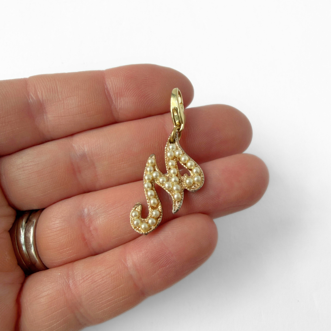 Refashioned vintage pearl letter "M" monogram charm
