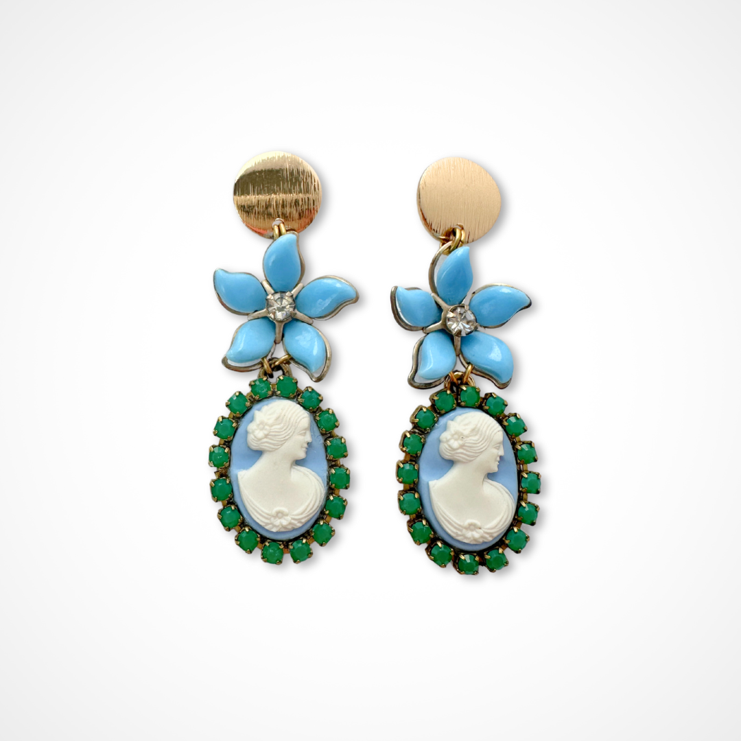 Refashioned baby blue and green vintage cameo earring with flower link