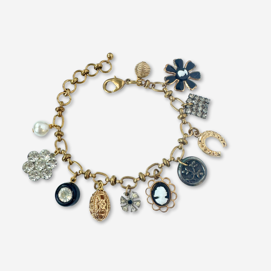 Repurposed vintage black and brass charm bracelet