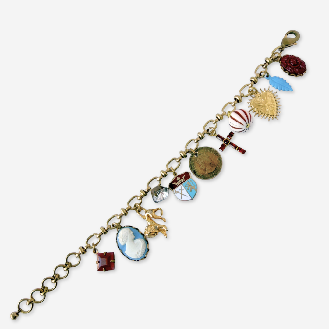 Blue and burgundy repurposed vintage charm bracelet