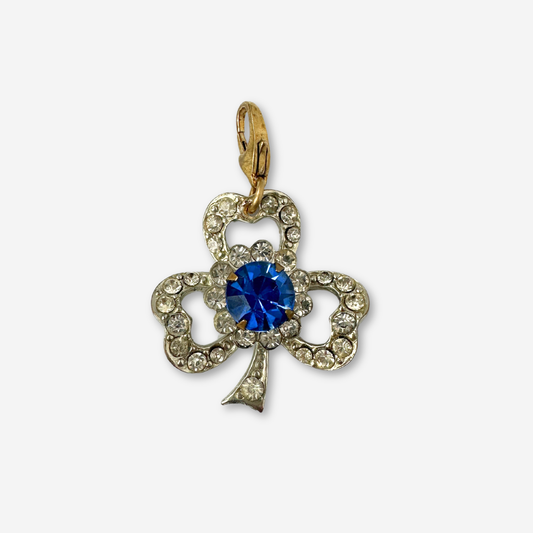 Vintage clear and cobalt blue rhinestone clover charm