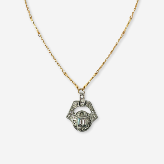 Small refashioned vintage rhinestone art deco pendant on thin gold chain