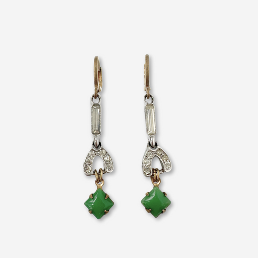 Refashioned vintage clear rhinestone deco earrings with jade green links