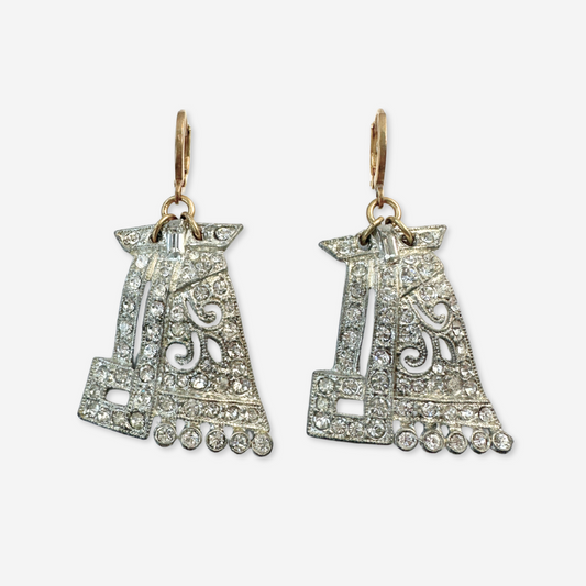 Vintage large Art Deco silver and rhinestone statement earrings