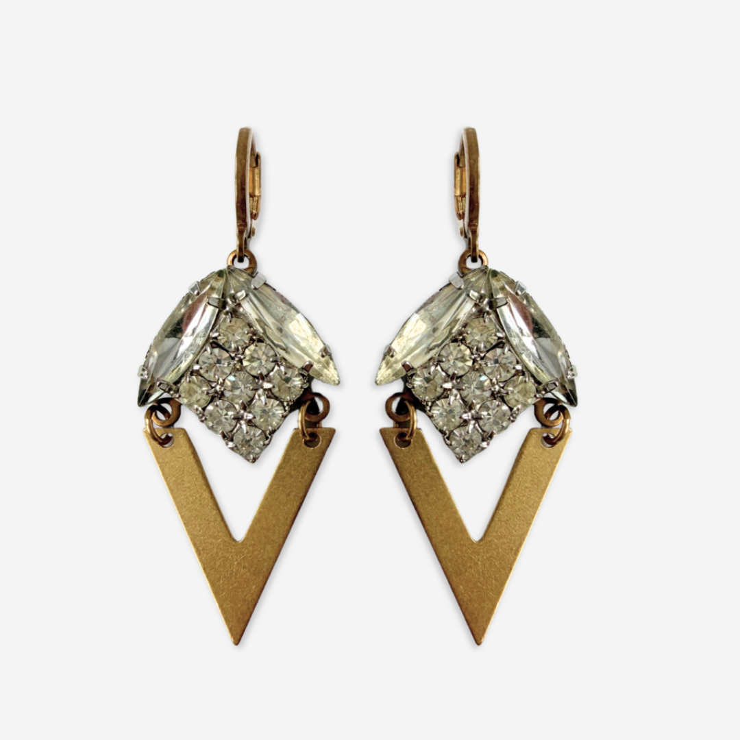 Refashioned vintage clear rhinestone and V-shaped brass earrings