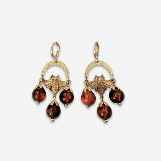 Brass bumblebee chandelier earrings with vintage tortoise shell beads