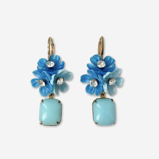 Refashioned vintage blue floral cluster earrings with glass drop