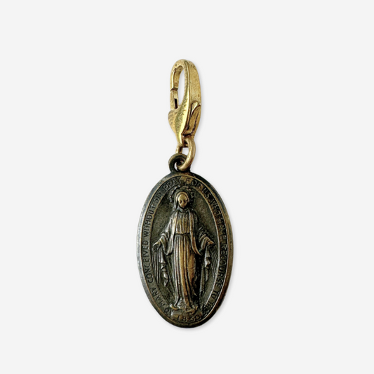 Vintage Italian antique brass Miraculous Medal oval charm