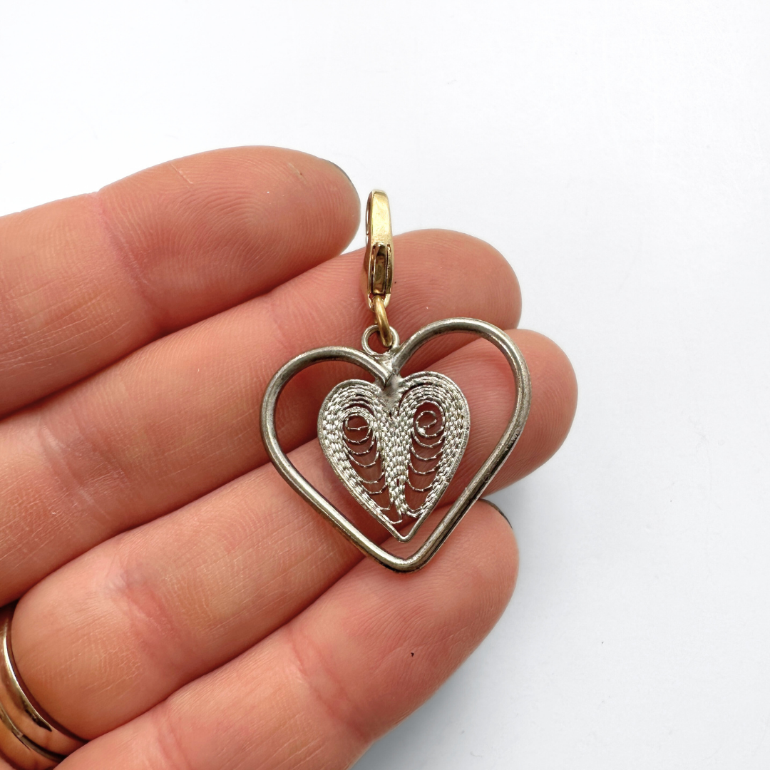 Vintage silver filigree heart charm pendant