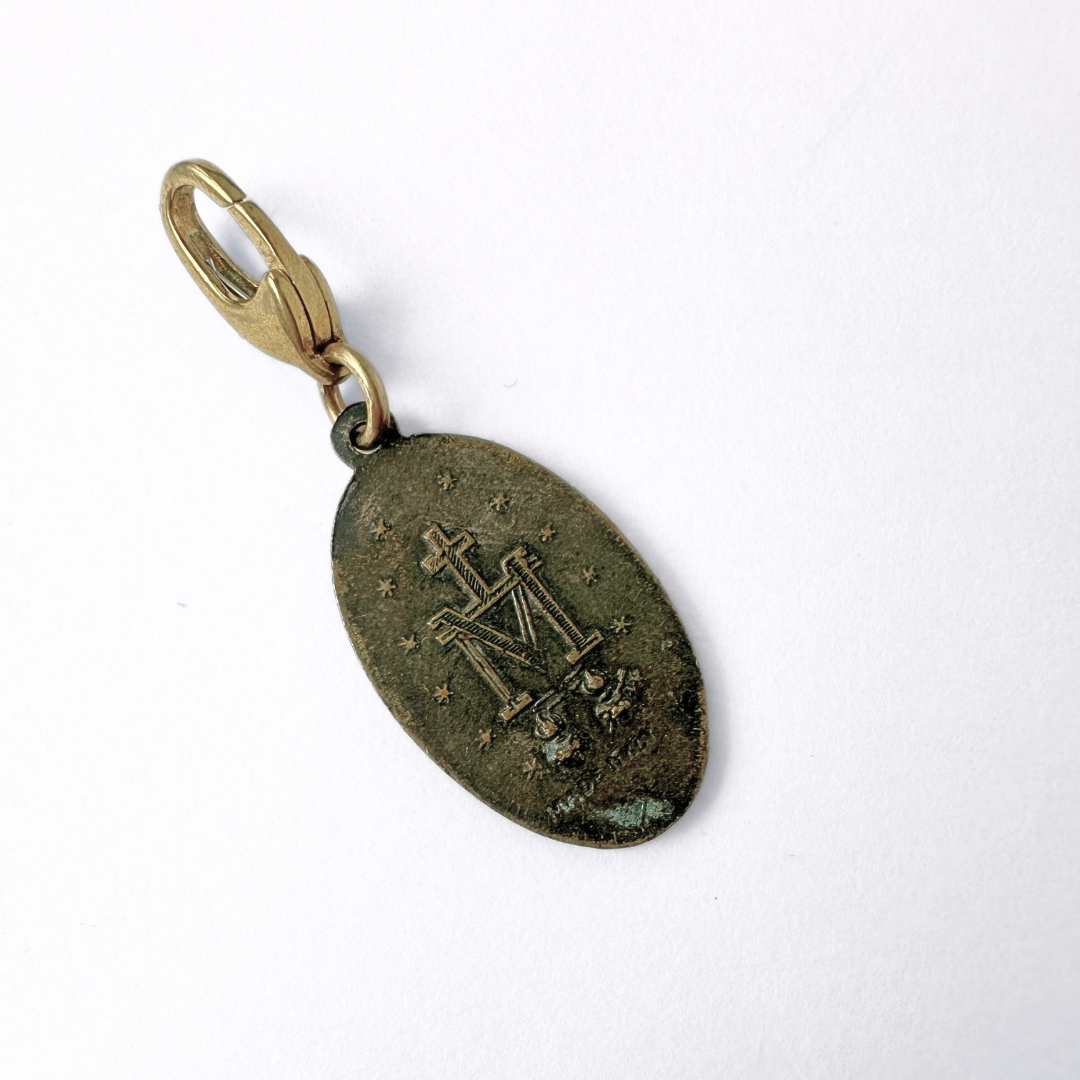 Vintage Italian antique brass Miraculous Medal oval charm