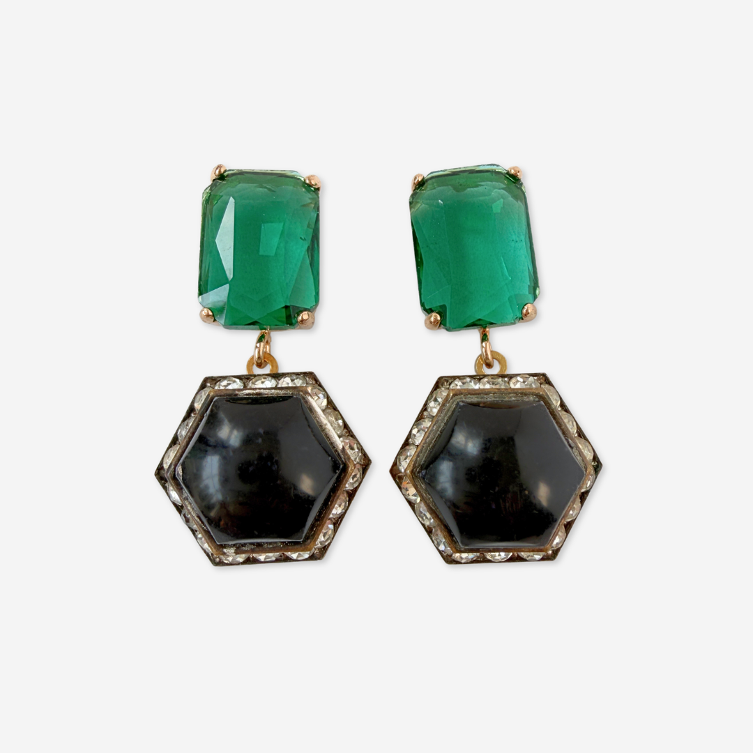 Refashioned vintage hexagonal black drop earrings with green posts