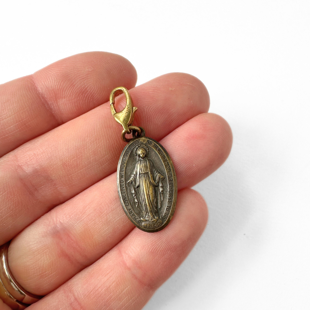 Vintage Italian antique brass Miraculous Medal oval charm