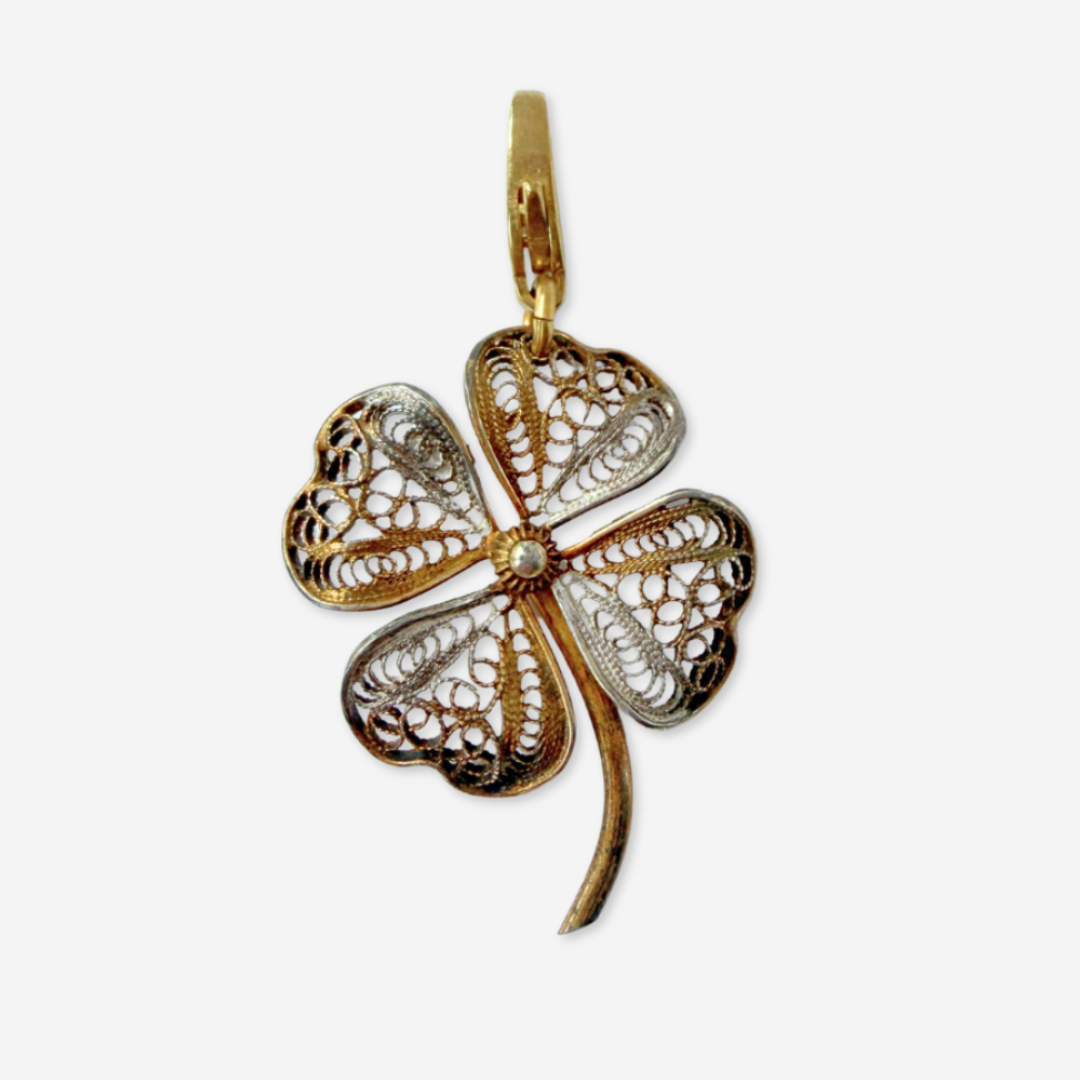 Refashioned vintage intricate spun-silver vermeil four-leaf clover charm