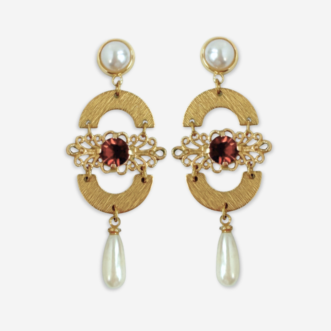 Refashioned vintage amber rhinestone and pearl assemblage earrings