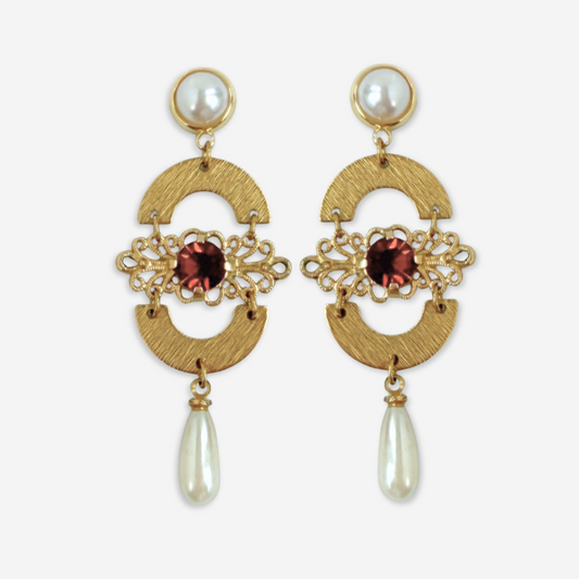 Refashioned vintage amber rhinestone and pearl assemblage earrings