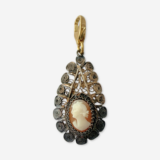 Refashioned vintage intricate spun-silver cameo teardrop charm
