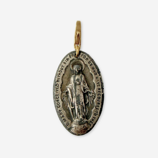 Vintage aged silver large oval Miraculous Medal charm