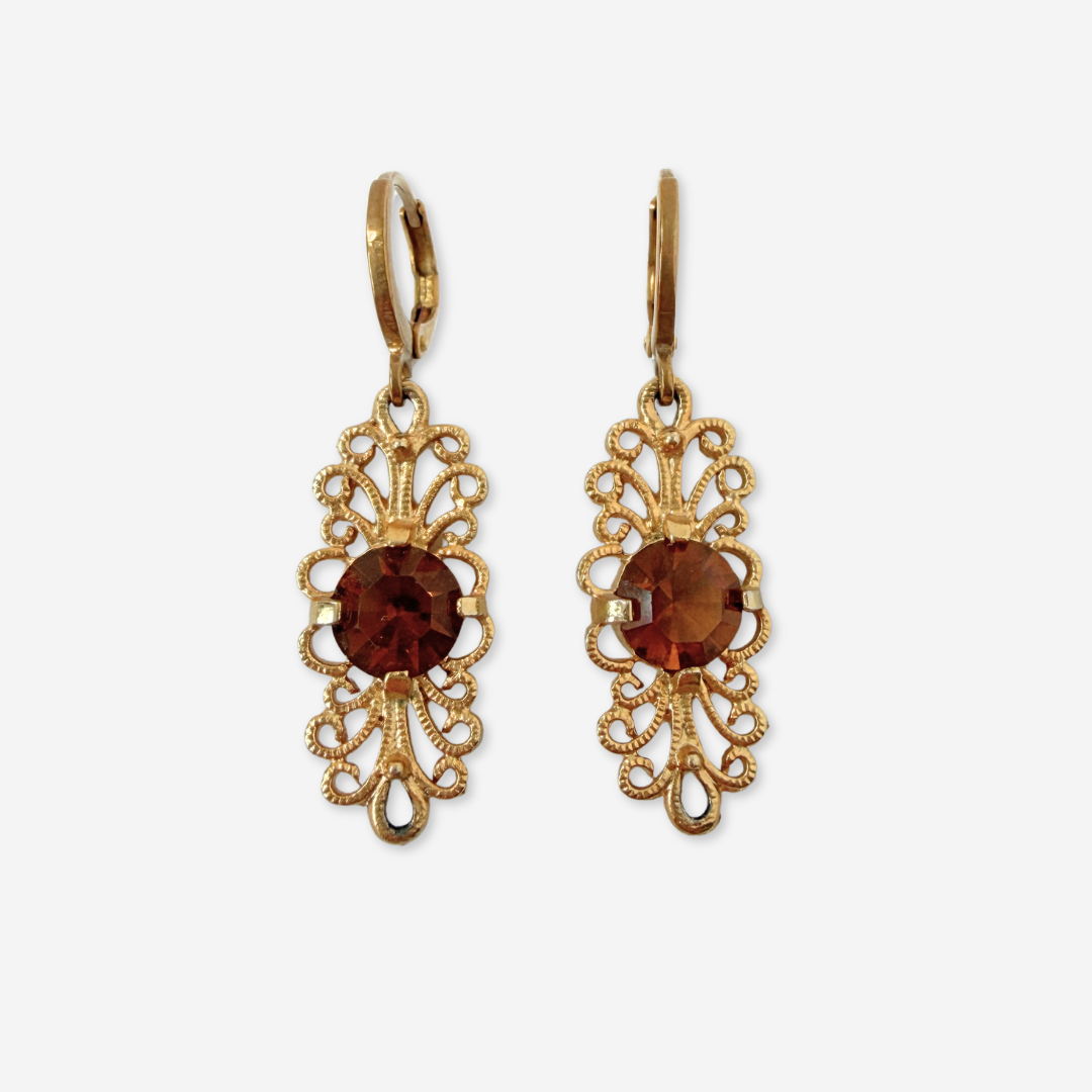 Refashioned vintage amber rhinestone and gold filigree earrings