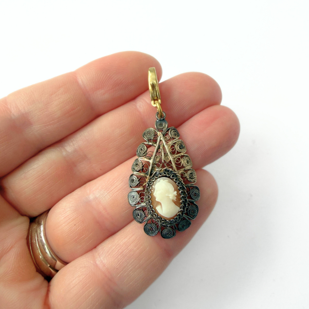 Refashioned vintage intricate spun-silver cameo teardrop charm