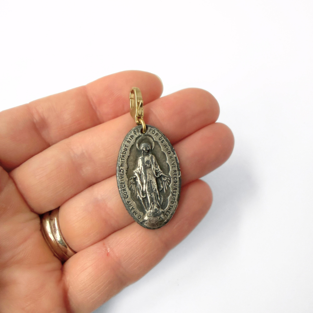 Vintage aged silver large oval Miraculous Medal charm